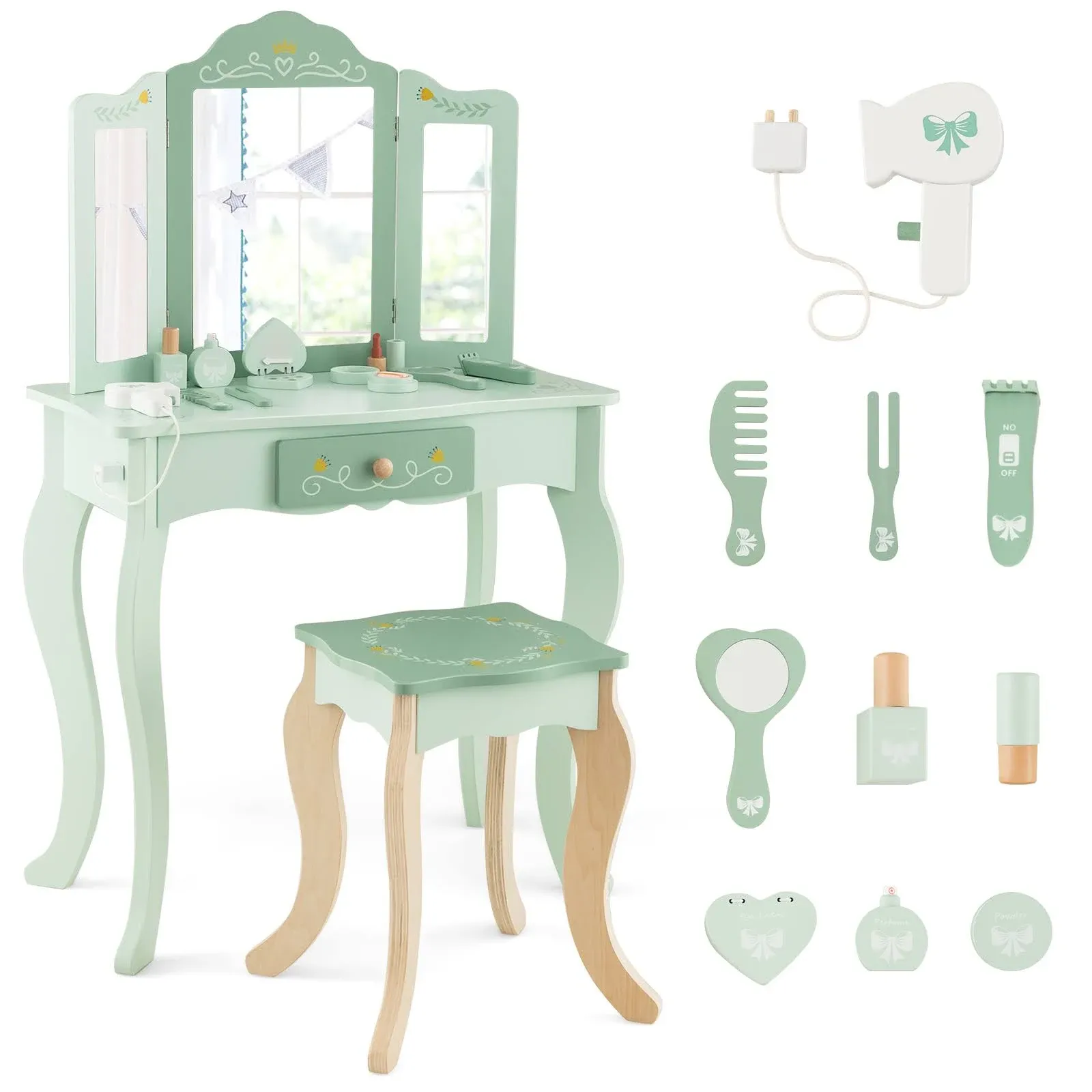 Vanity Set Kids  Makeup Table &amp; Chair Tri-folding Mirror Sweet Accessories White