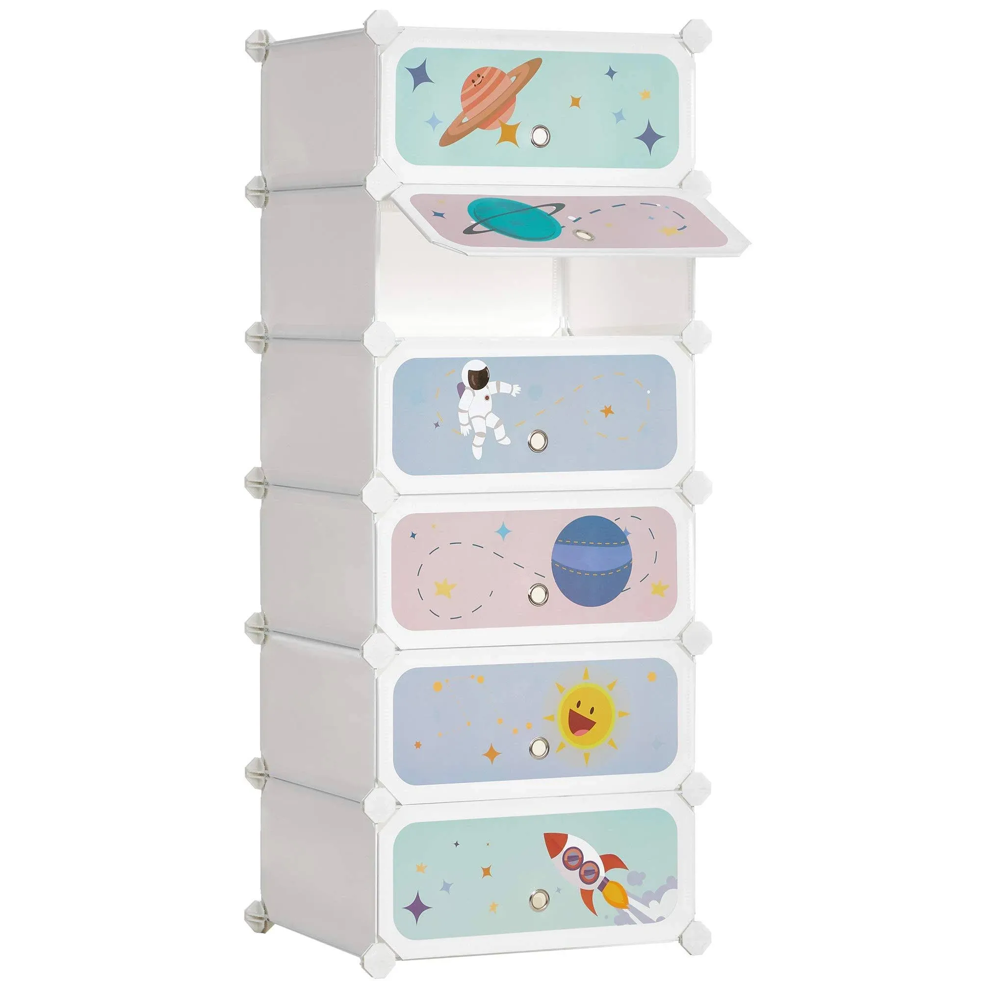 SONGMICS Kids' Shoe Rack with Doors, 6-Slot Stackable Storage Organizer, Plastic Wardrobe, Toys, Books, Clothes, 12.2 x 16.9 x 41.3 Inches, Cloud White ULPC904W01