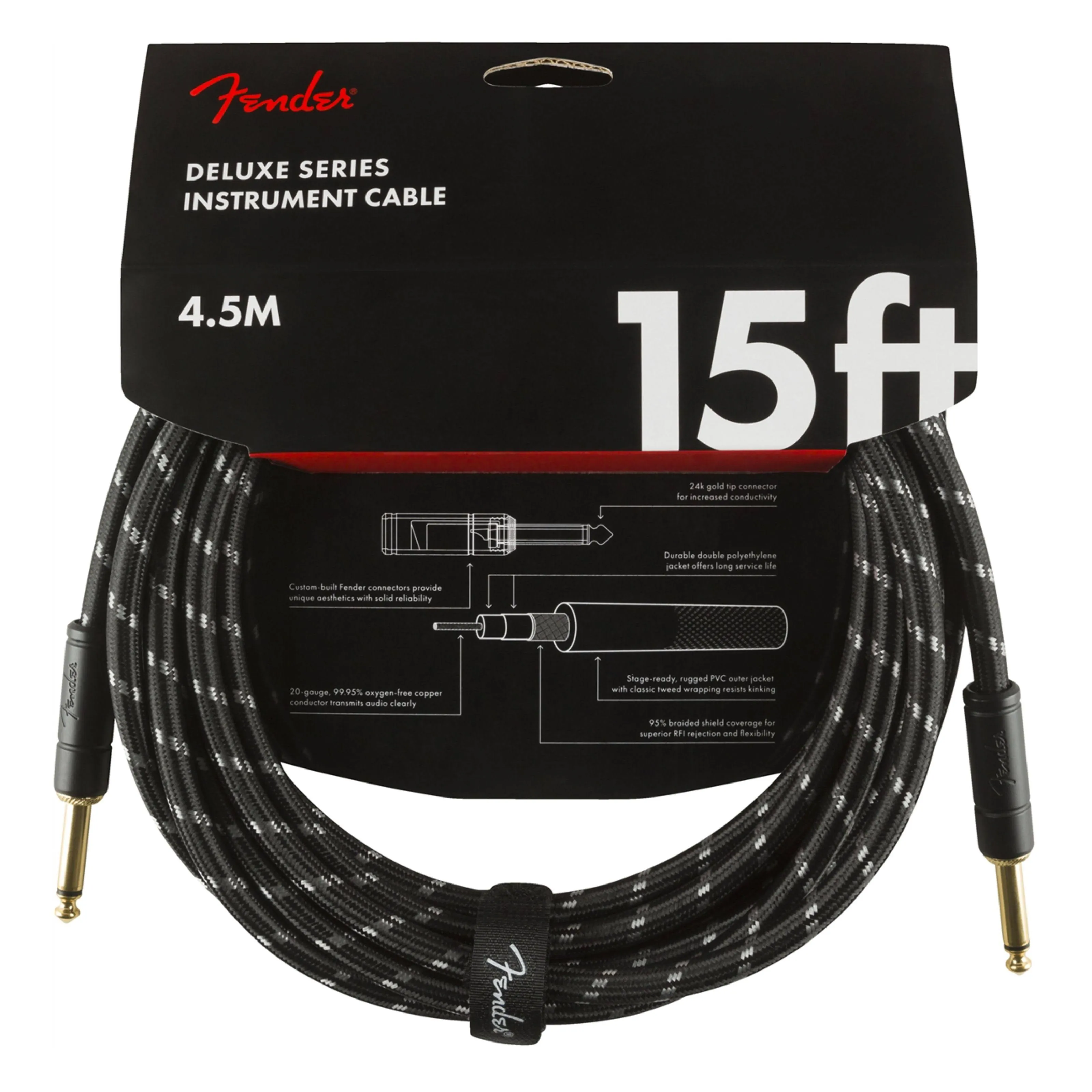 Fender Deluxe Series Straight To Straight Instrument Cable - 15 Foot Black Tweed