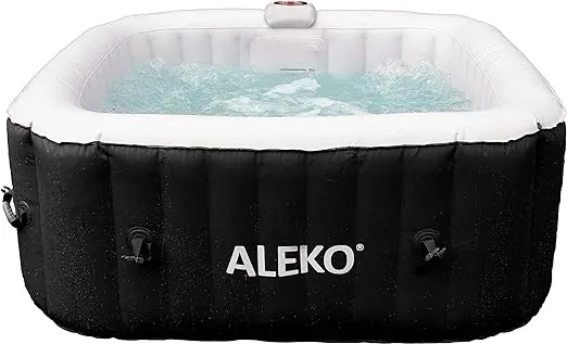 ALEKO Inflatable Hot Tub Spa | Personal High Powered Jetted Bubble | with Fitted Cover and 3 Filters | 160 Gallon | 4 Person Square | Black and White | HTISQ4BKWH