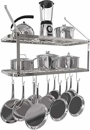 Vdomus Hanging Pot and Pan Rack, 13.7" Dx29.5 Wx10.6 H - 2-Tier Wall Mounted Kitchen Shelves - Heavy-Duty Cast Iron Cookware and Utensils Storage - Tiered Multipurpose Organizer with Moveable Hooks