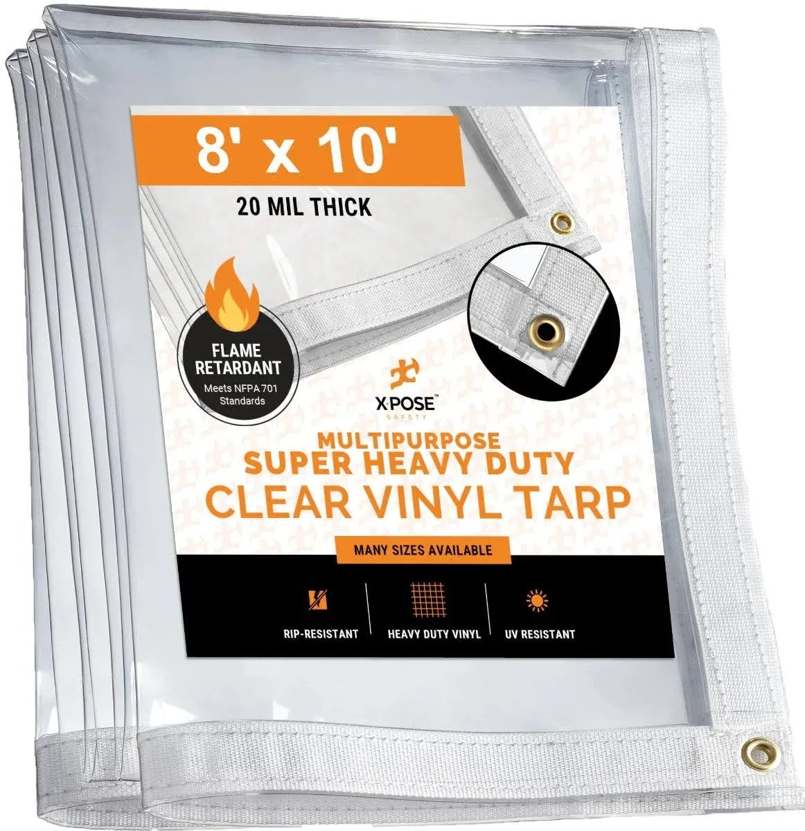 8 ft x 10 ft Heavy Duty 20 Mil Tarp, Clear, Vinyl, Fire Retardant