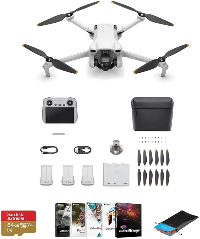 DJI Mini 3 Drone Fly More Combo with RC Remote Controller Bundle with 64GB microSD Card, Corel PC Software Kit, Foldable Landing Pad