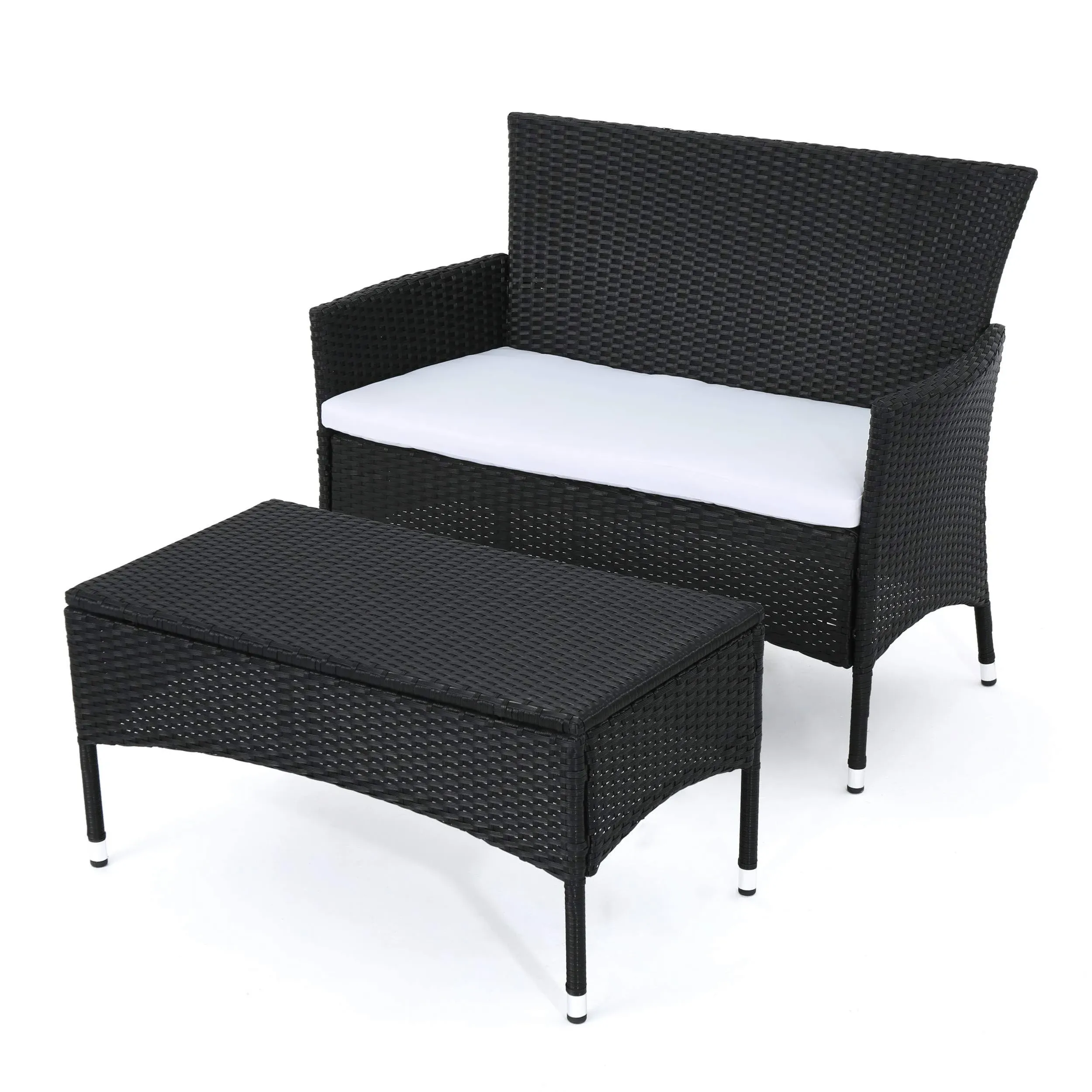 Christopher Knight Home Malta Outdoor Wicker Loveseat and Coffee Table Set with Water Resistant Cushions, Black / White Cushion