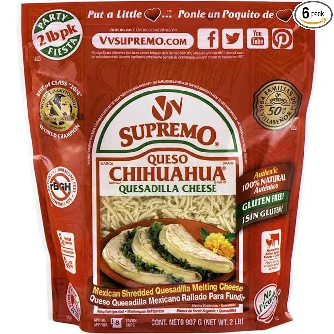 V&V Supremo Shredded Chihuahua Authentic Mexican Style Melting Quesadilla Cheese 32oz Resealable Bag