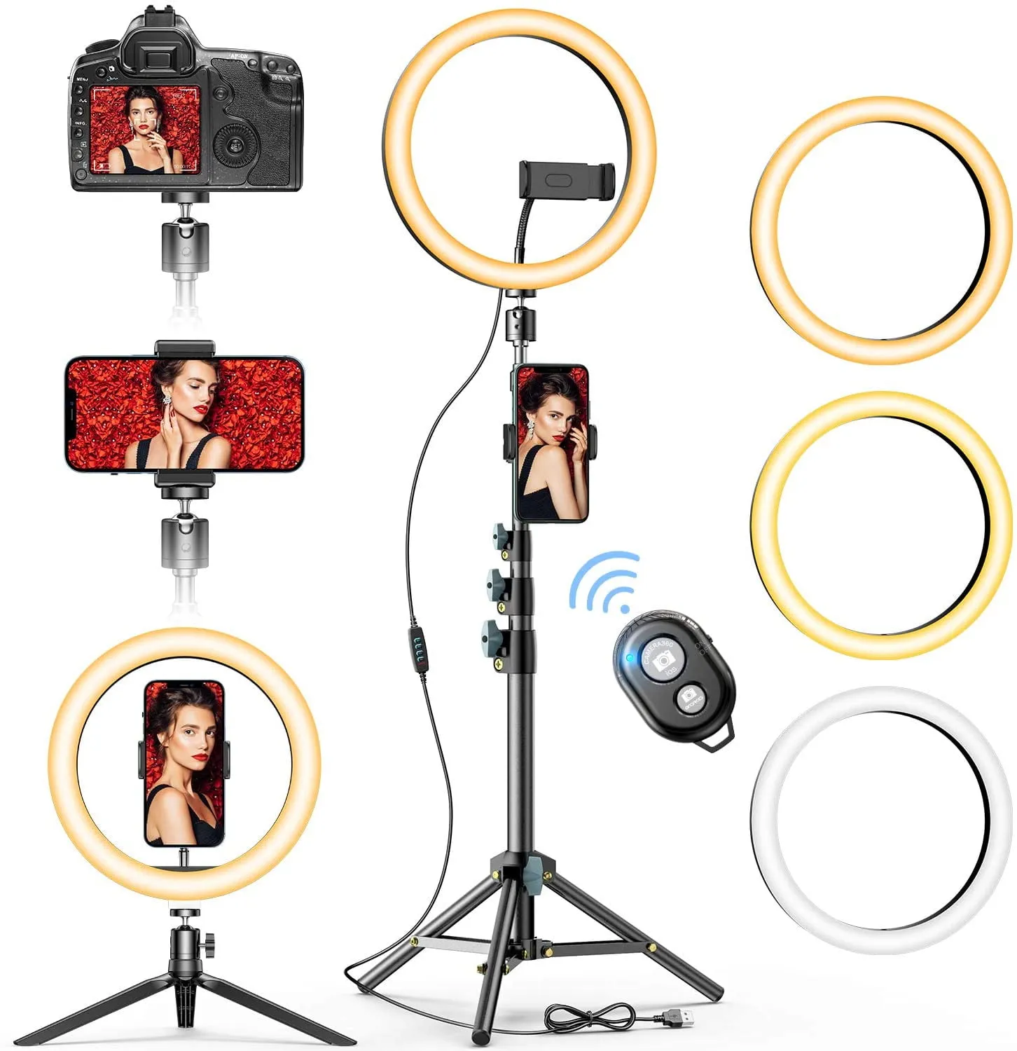 10" Selfie Ring Light with Tr Stand & Phone Holder, iCaber Desk Beauty Circle LED Ringlight for Makeup Photography Live Steaming Camera Vlog YouTube Video, Compatible with iPhone & Android