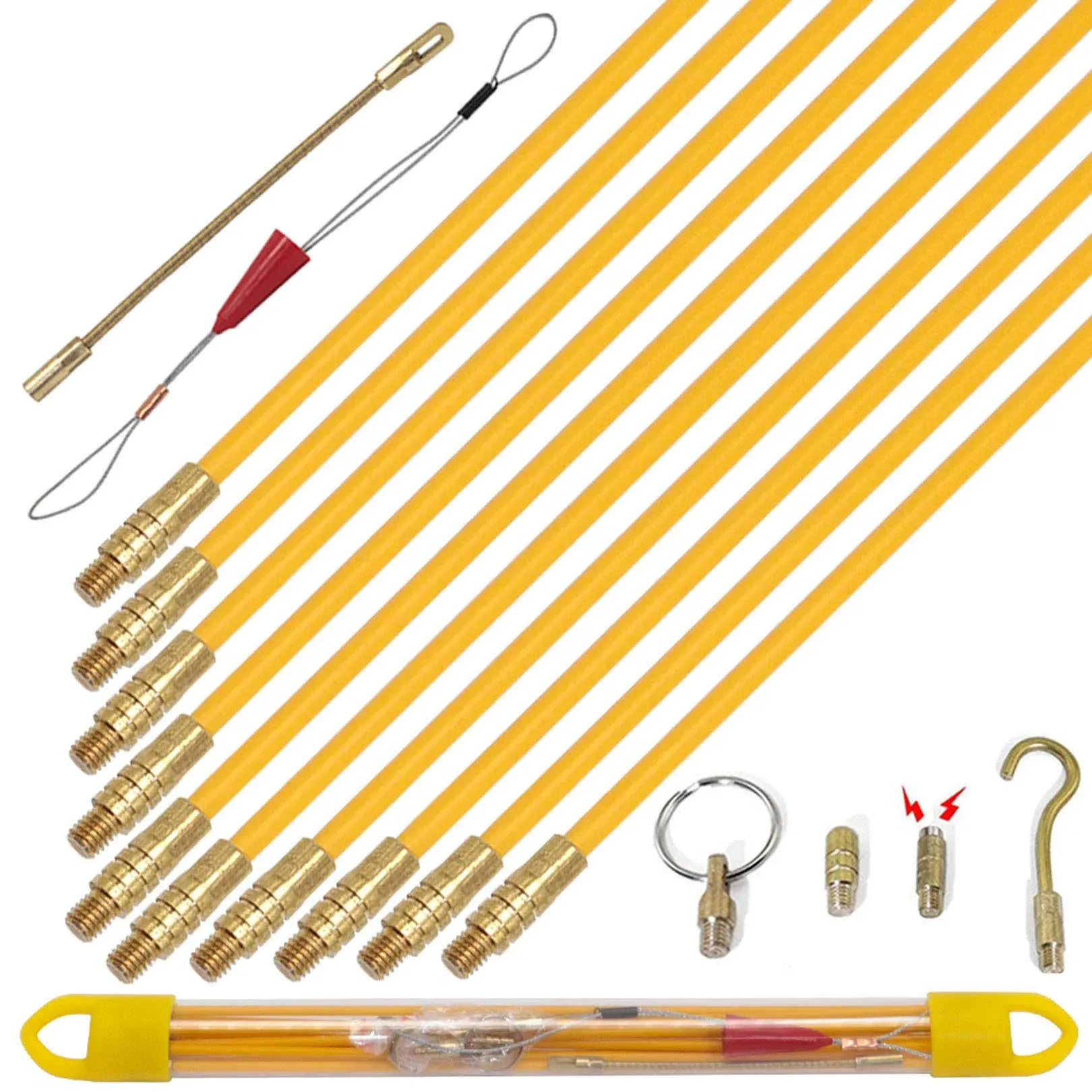 Boeray 11' Fiberglass Running Electrical Wire Cable Pulling Fish Tape Kit with 5 Different Attachments and Fish Tape Tool in a Carrying Case