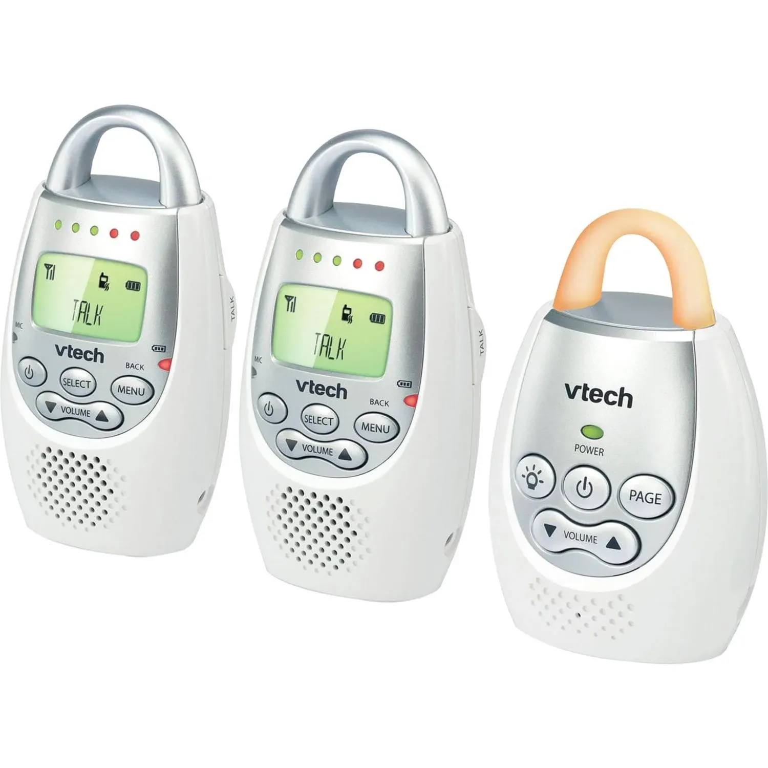 VTech DM221 Audio Baby Monitor with up to 1,000 ft of Range, Vibrating Sound-Alert, Talk Back Intercom & Night Light Loop, White/Silver