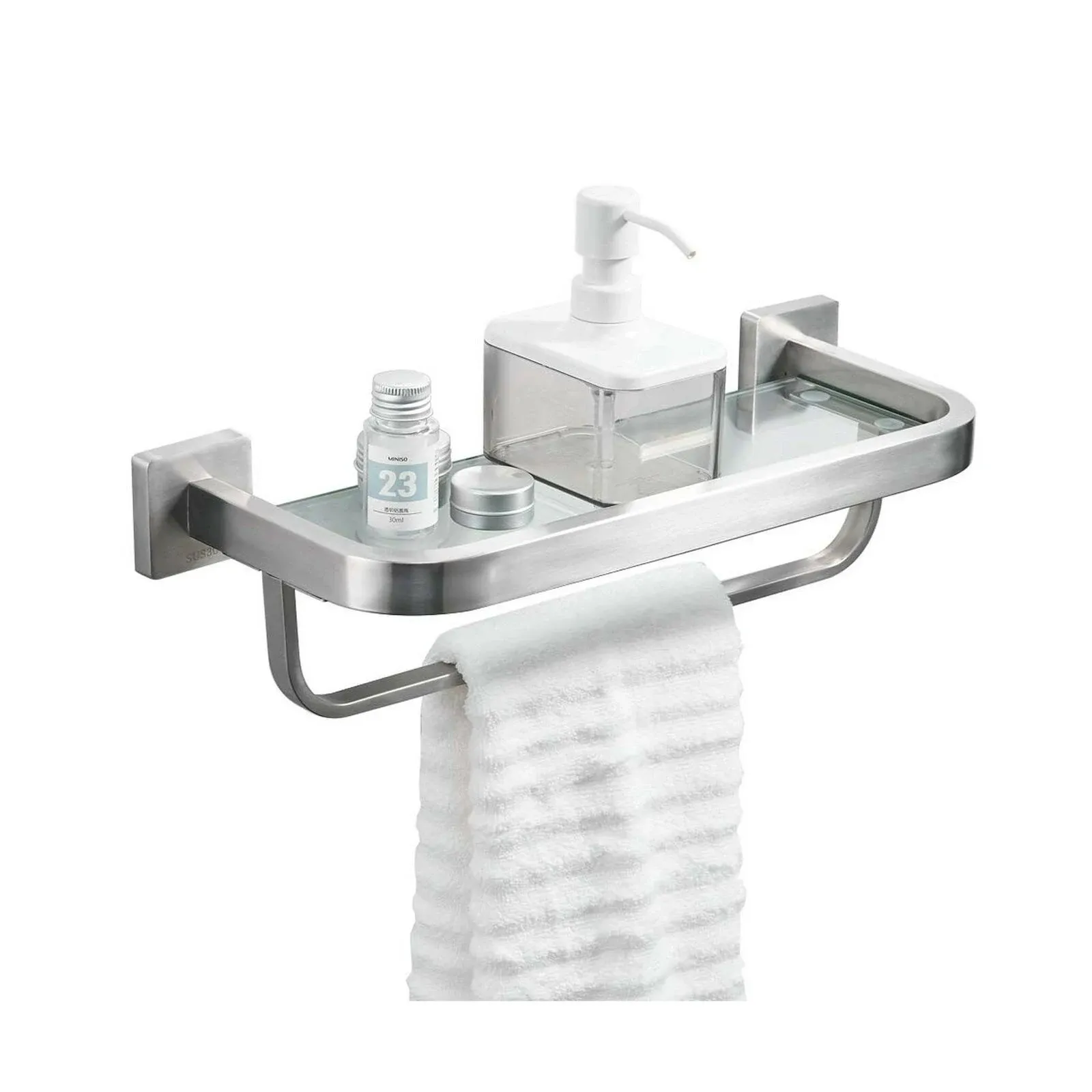 BESy Bathroom Lavatory Glass Shelf with Towel Bar and Rail, Wall Mount with Screws Towel Rack,Heavy Duty SUS304 Stainless Steel Storage Shelves, Square Base, Brushed Nickel FinishBESy Bathroom Lavatory Glass Shelf with Towel Bar and Rai…