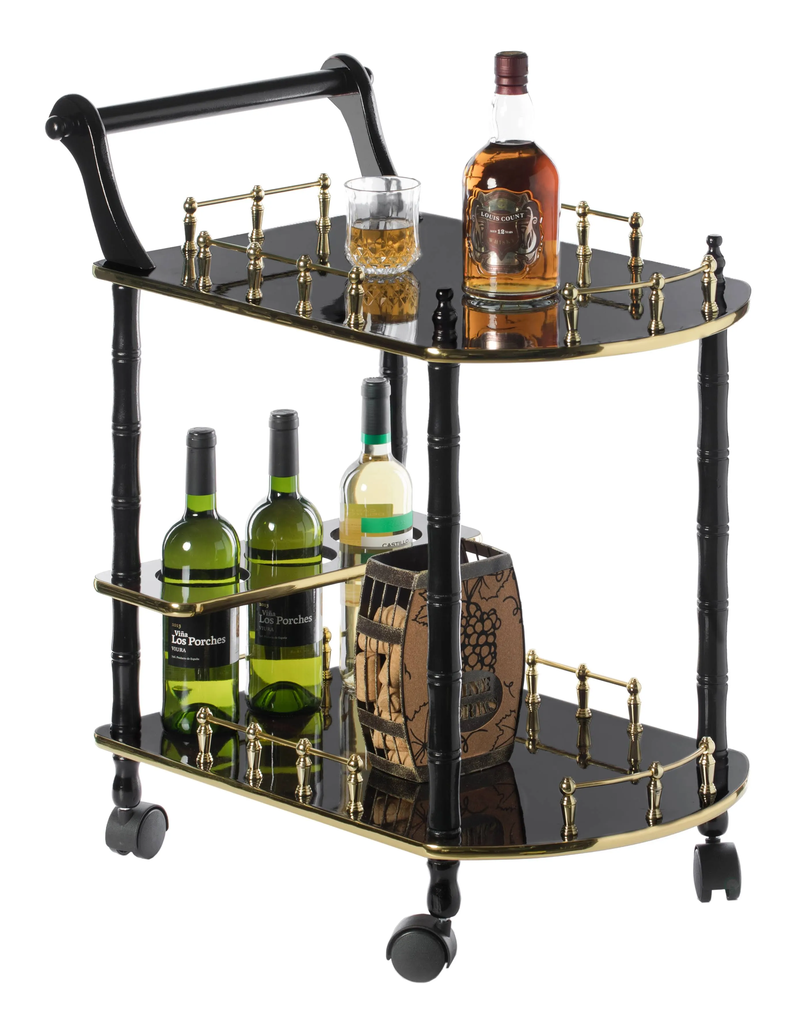 Wood Serving Bar Cart Tea Trolley with 2 Tier Shelves and Rolling Wheels - Brown