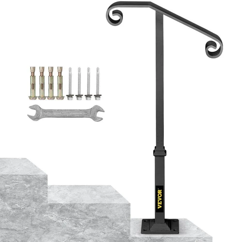 VEVOR Single Post Wrought Iron Handrail Fit 1 or 2 Steps Outdoor Stair Railing ...