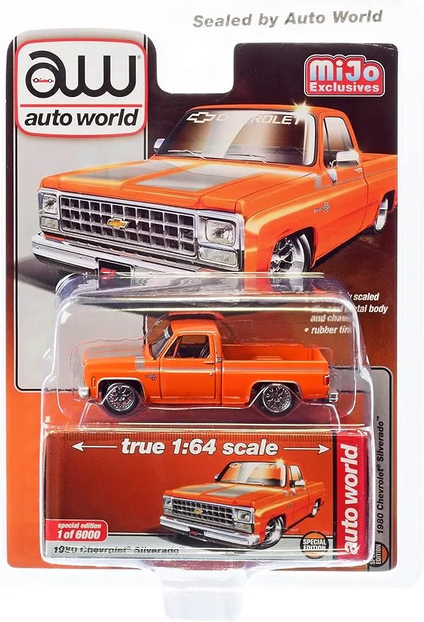 Mijo Exclusives 1980 Chevy Silverado Pickup Truck Orange Met. w/Silver Stripes Limited Edition to 6000 Pieces Worldwide 1/64 Diecast Model Car by Auto World CP7806