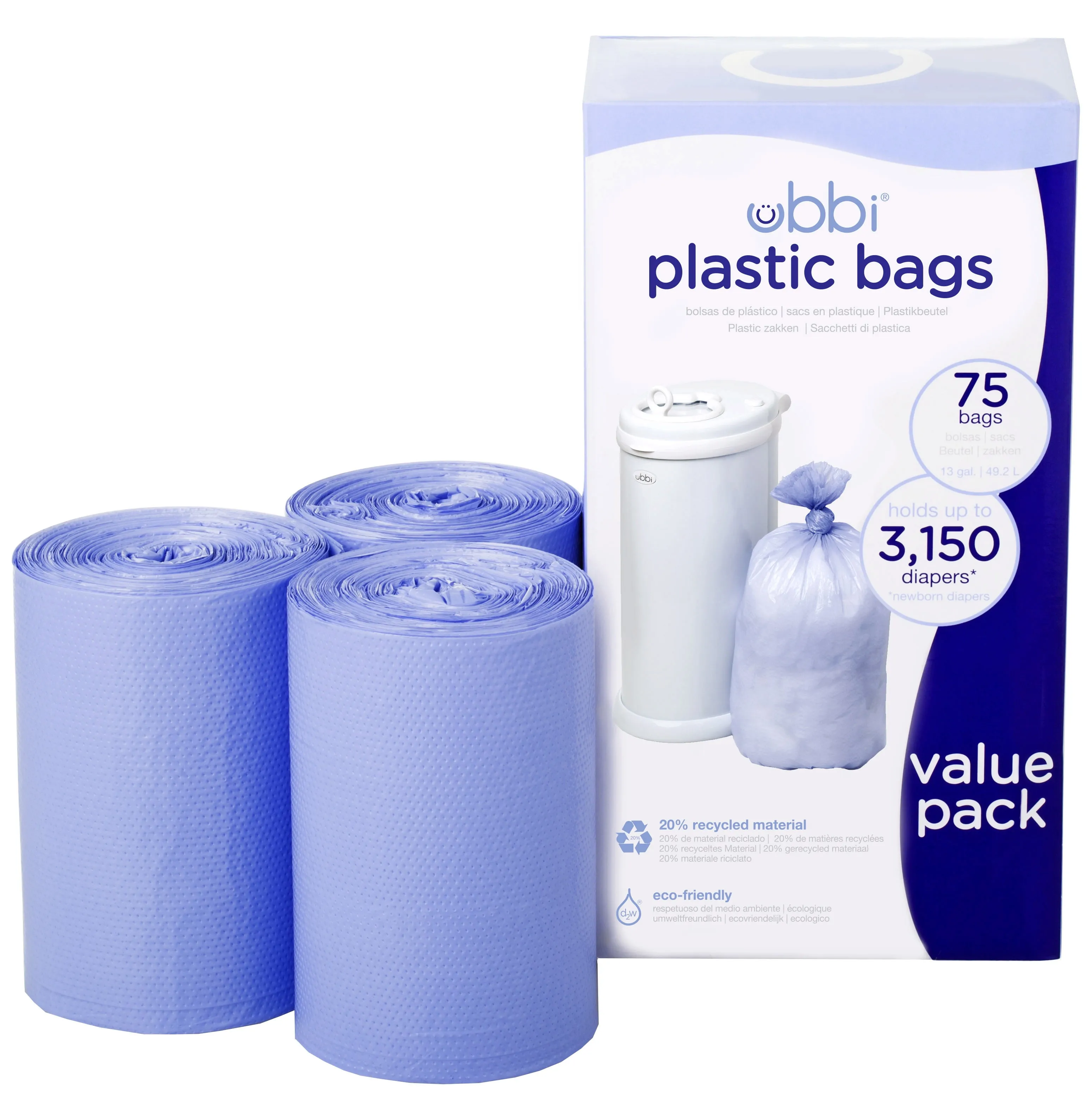 Ubbi Disposable Diaper Pail Plastic Bags, Value Pack, 75 Count, 13-Gallon Bags