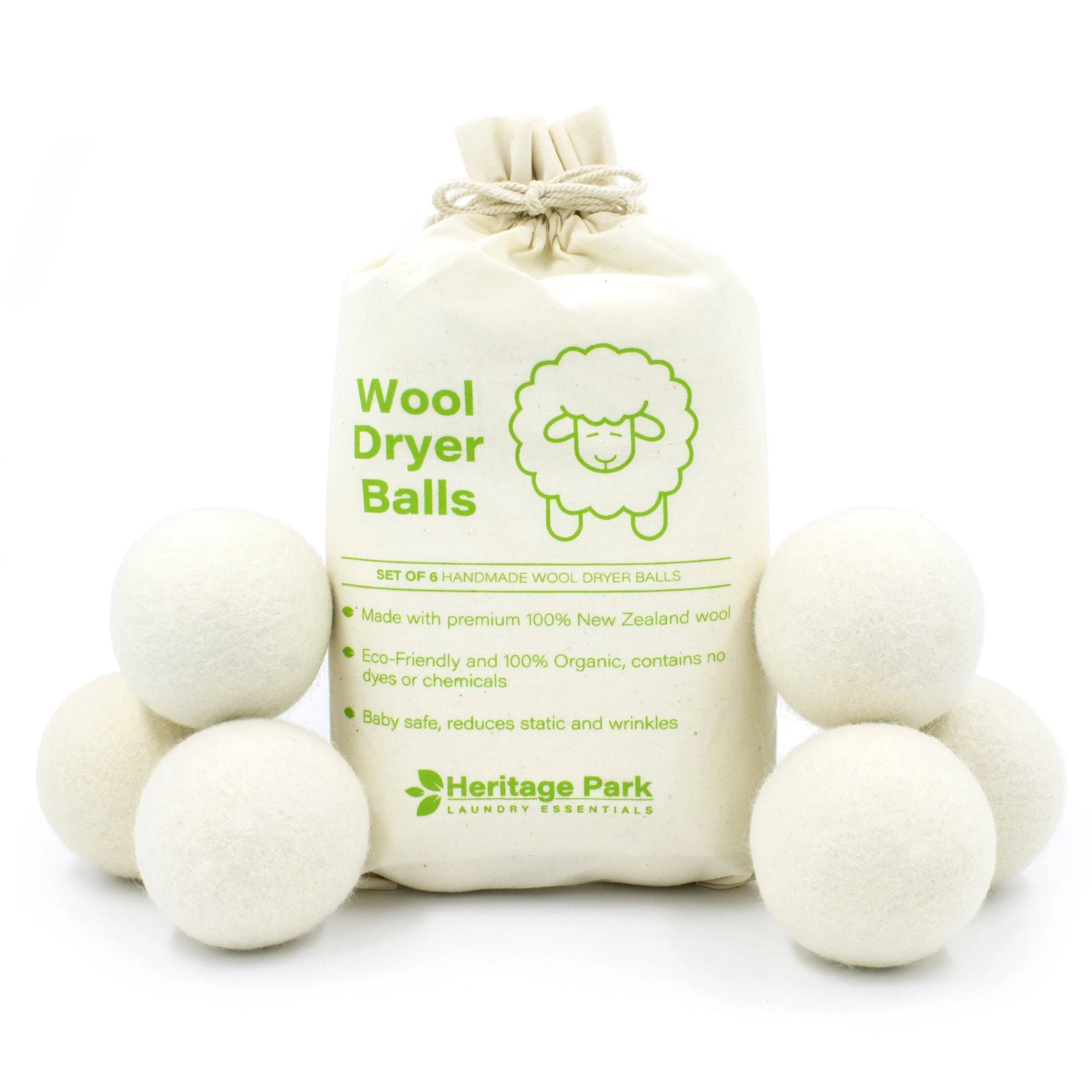 Heritage Park Wool Dryer Balls - 100% New Zealand Wool Handmade, Reusable Dryer Balls for Laundry - Decrease Drying Time - Set of 6 with Storage Bag