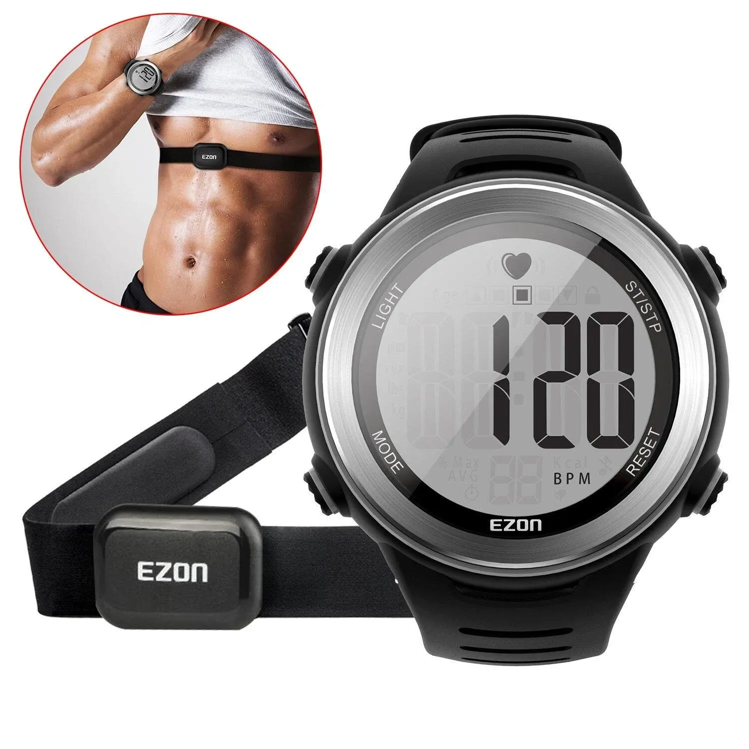 Ezon Heart Rate Monitor and Chest Strap, Exercise Heart Rate Monitor, Sports Watch with HRM, Waterproof, Stopwatch, Hourly Chime T007