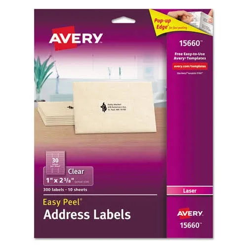 Avery Printable Address Labels for Laser Printers, 1" x 2-5/8", Matte Clear, 300 Blank Mailing Labels, 5 Packs (15660)