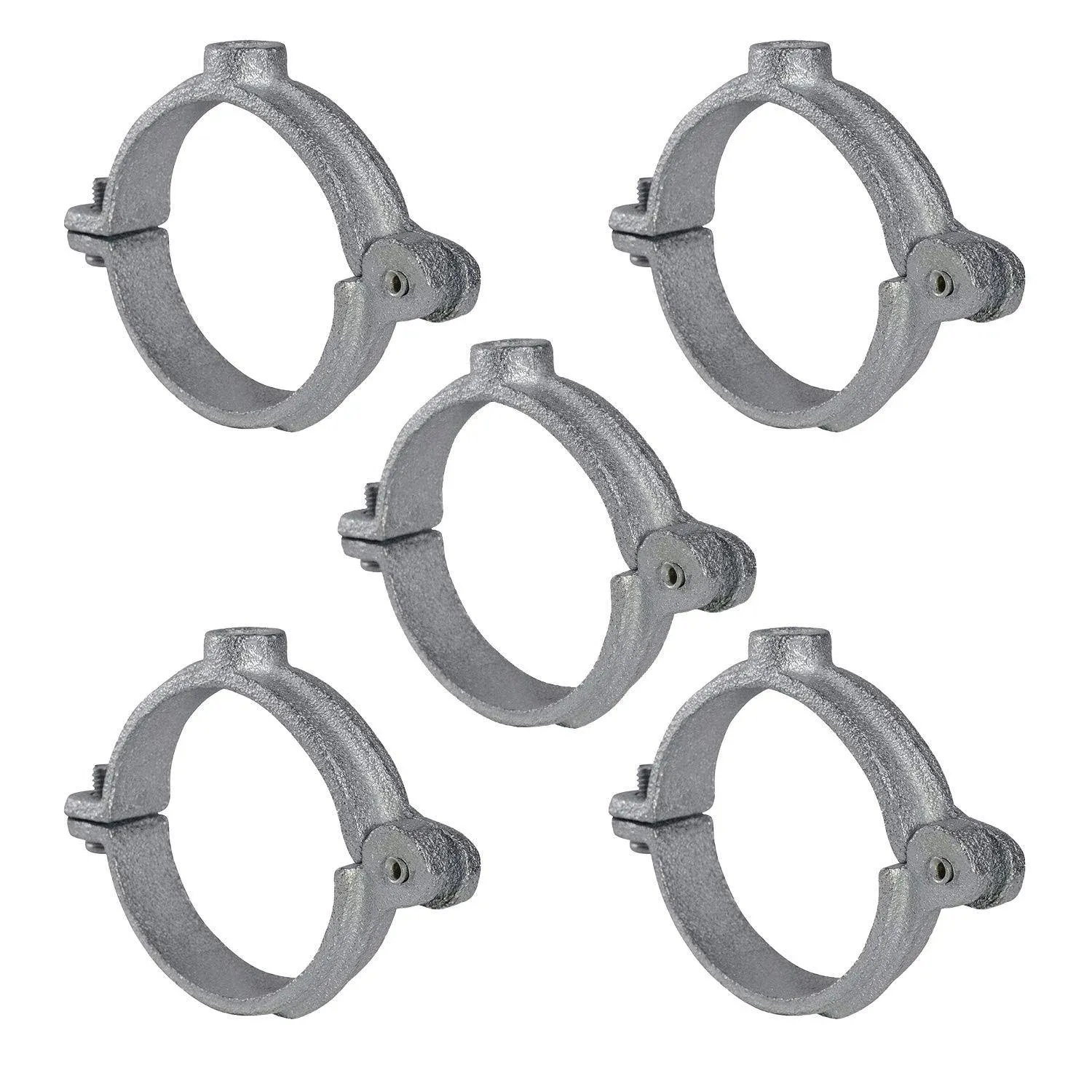 HINGG-114-5 Industrial Decor Hinged Split Ring Pipe Hanger 1-1/4 in. Galvanized Iron, with 3/8 in. Rod Fitting, Vintage Mounting Bracket for Tubing, Shower Curtain, Tiki Torch (5 Pack)