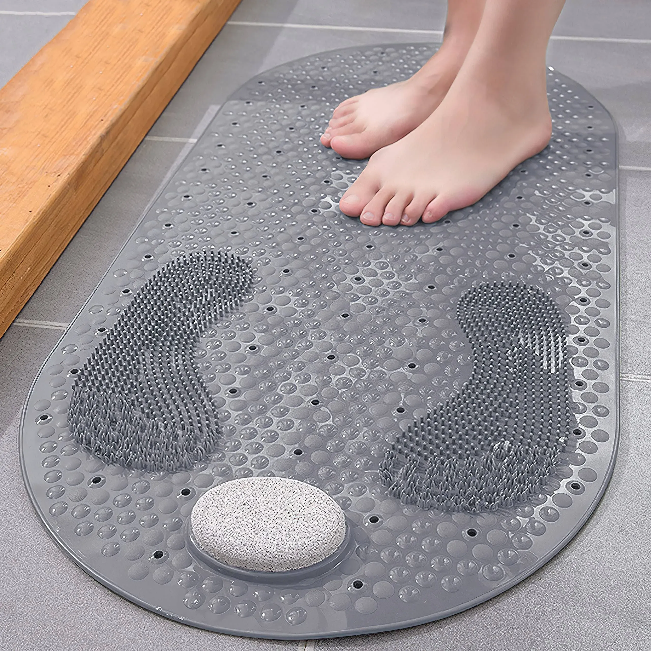 Shower Foot Scrubber Mat with Natural Pumice Stone, Oval Anti Slip Bathtub Mat Massager with Suction Cups Drain Holes, Non-slip Exfoliating Feet Scrub Massage Bath Tub Mat, 32 X 16 inch