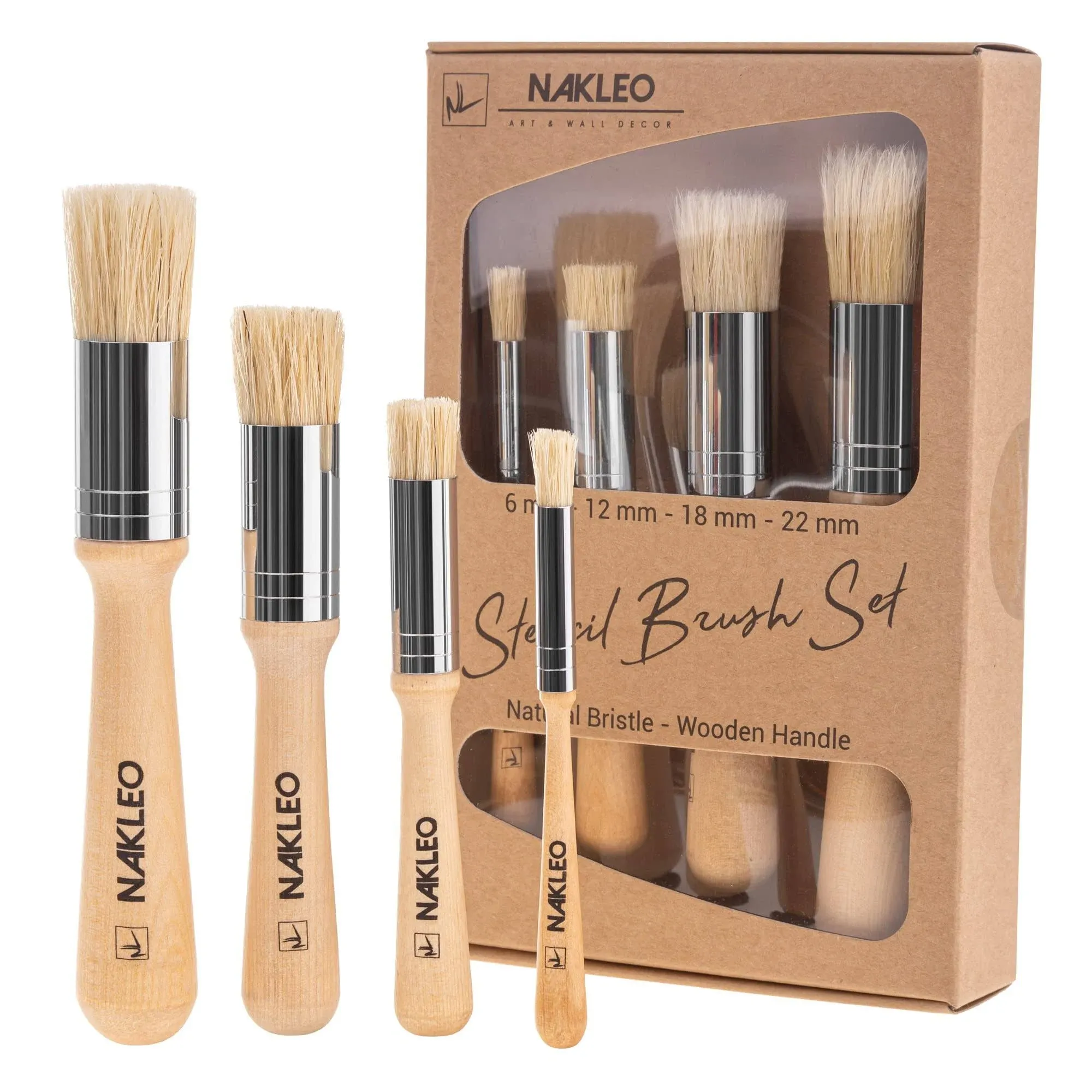 4 Pcs Wooden Stencil Brush Set - Natural Bristle - 6-12-18-22 mm - 1/4, 1/2, 3/4 and 1 inch - for stenciling, waxing, Chalk, Oil and Acrylic Paint