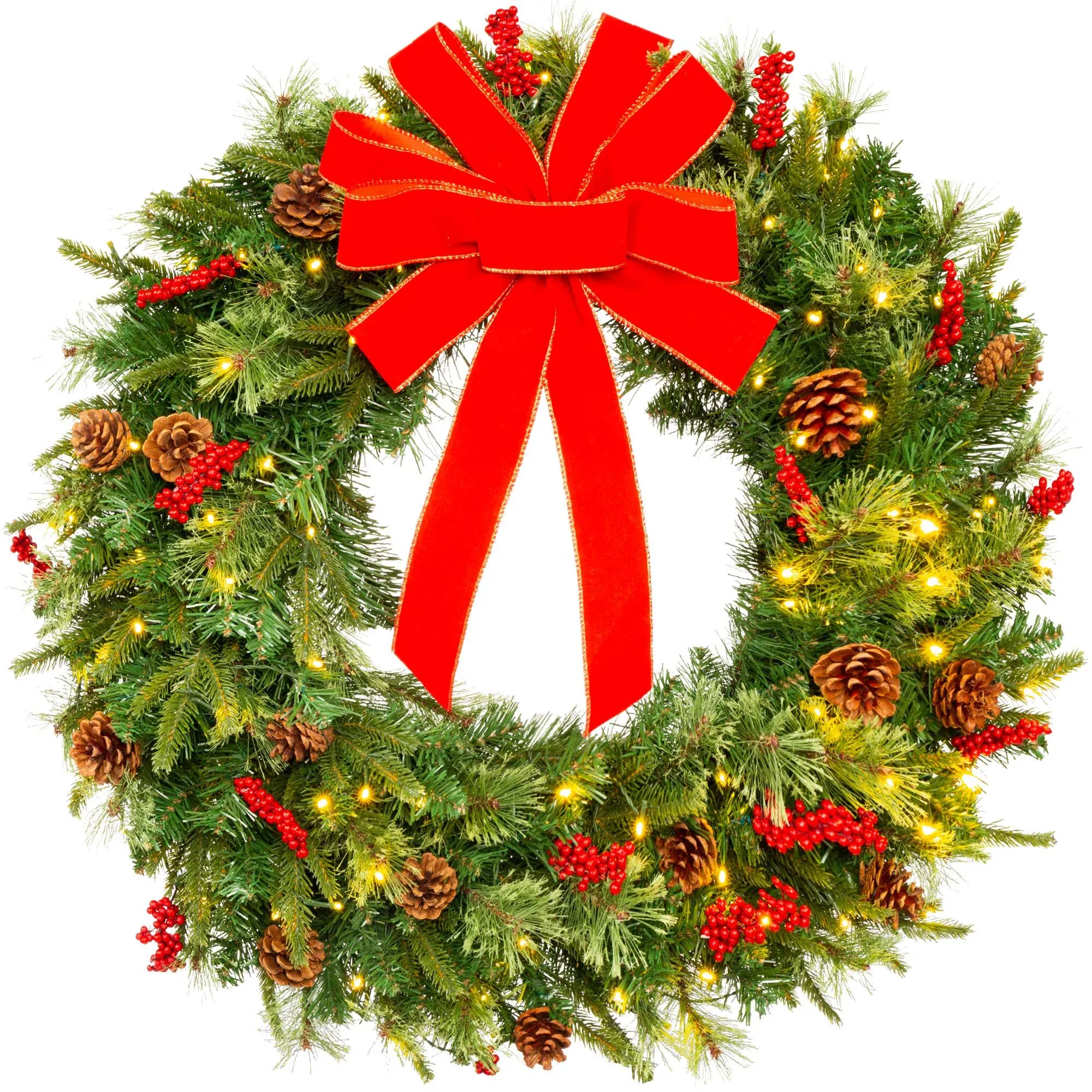 Best Choice Products 24in Pre-Lit Battery Powered Christmas Wreath Decoration w/ 70 Lights, 96 PVC Tips, Ribbons