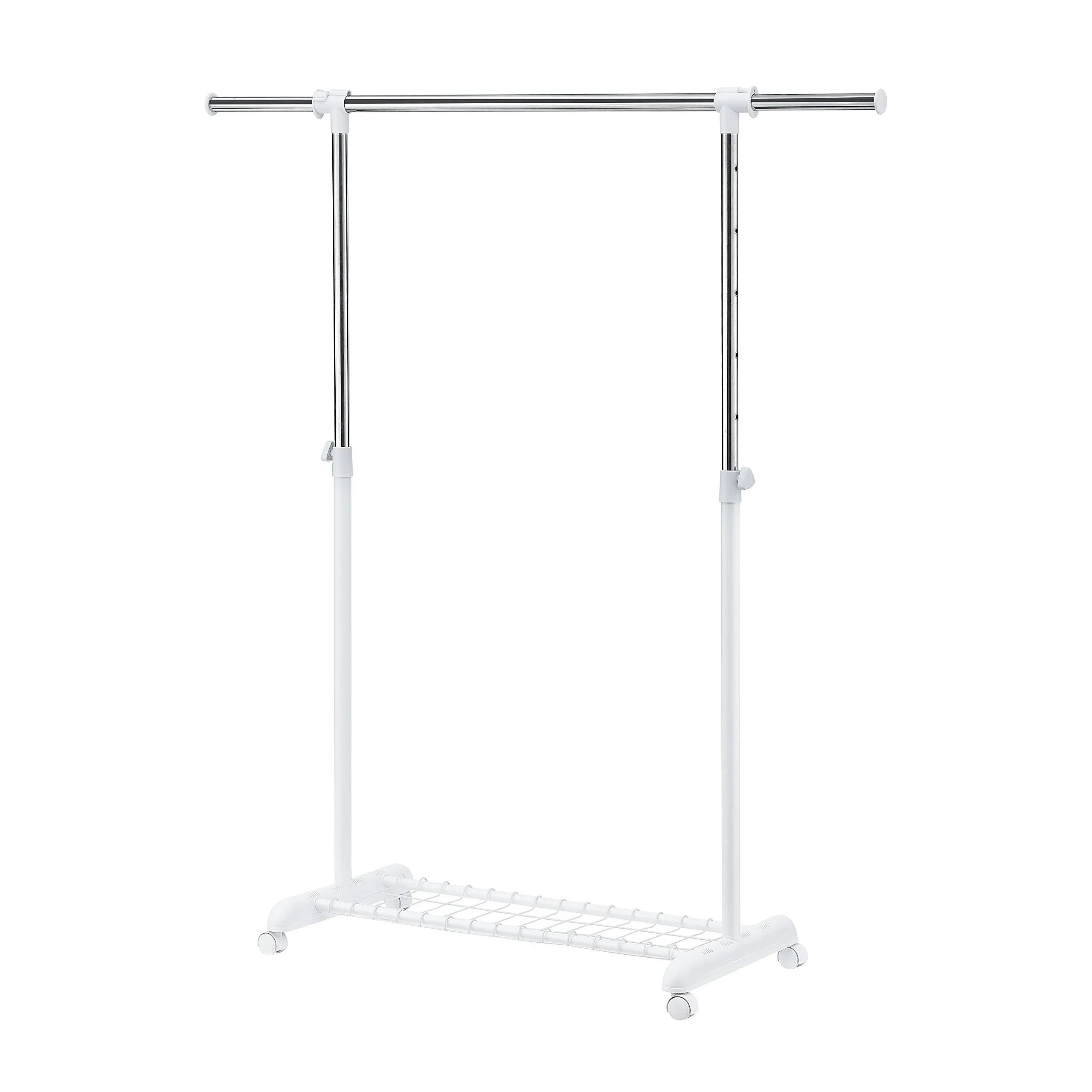 Adjustable Clothing Rack for Hanging Clothes, Heavy Duty Garment Rack with Wheels，Free Standing Rolling Clothes Rack with Shelf & Grid, Easy Assembly Standard Rod, White & Chrome