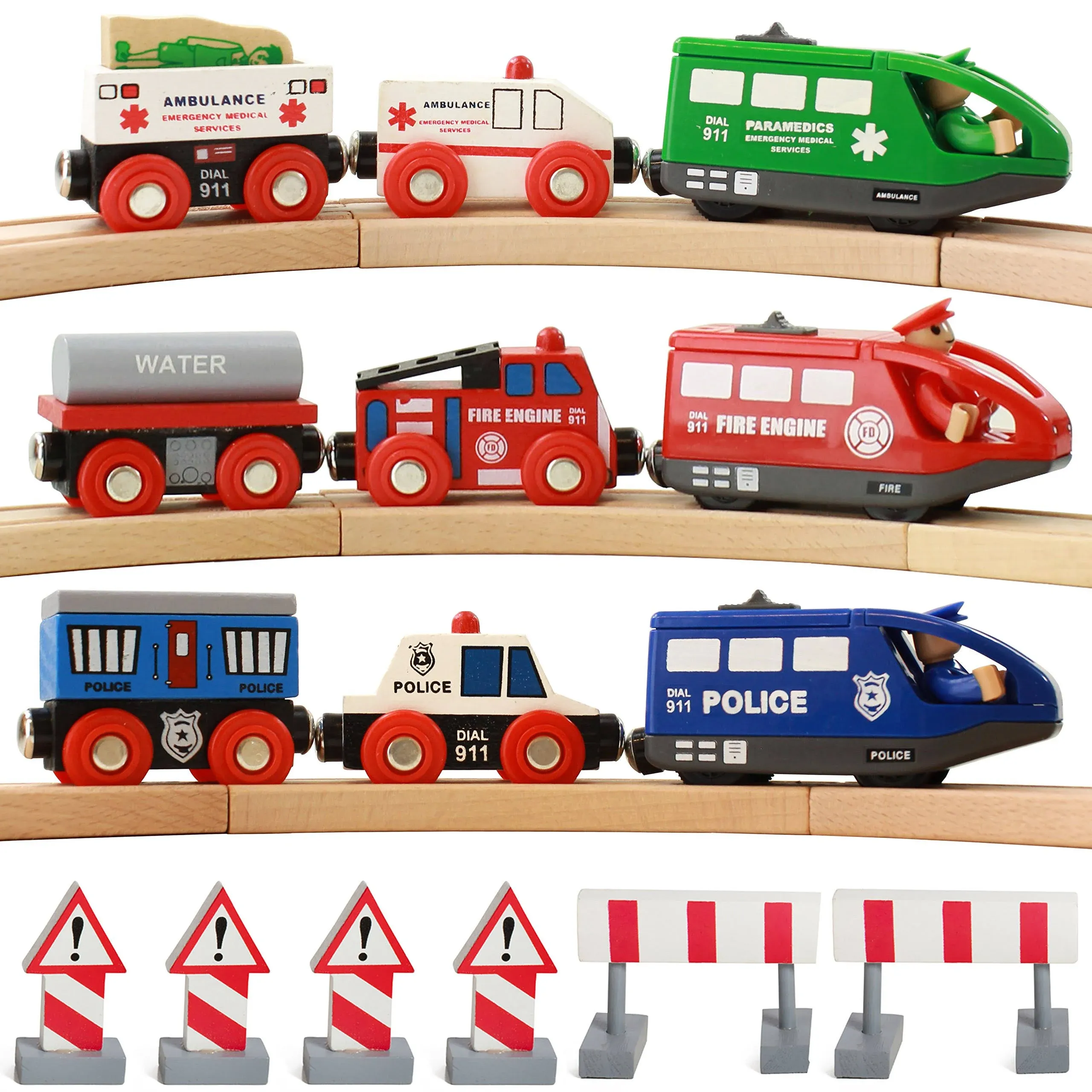 On Track USA Wooden Train Set Battery Operated Action Rescue Trains Includes 3 Magnetic Motorized Engines and 6 Cars, Compatible