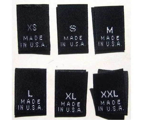 250 pcs Black Woven Clothing Labels, Care Label: Made In USA - xs, s, m, l, xl, xxl