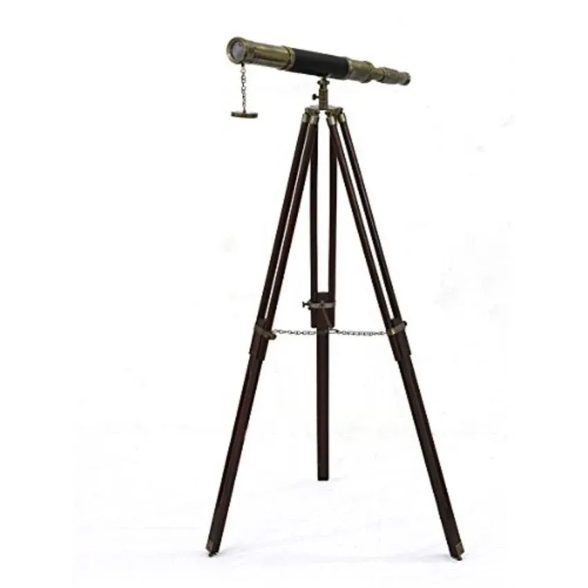 Sailor Boat Antique Telescope Black Leather Wooden Stand Marine Royal