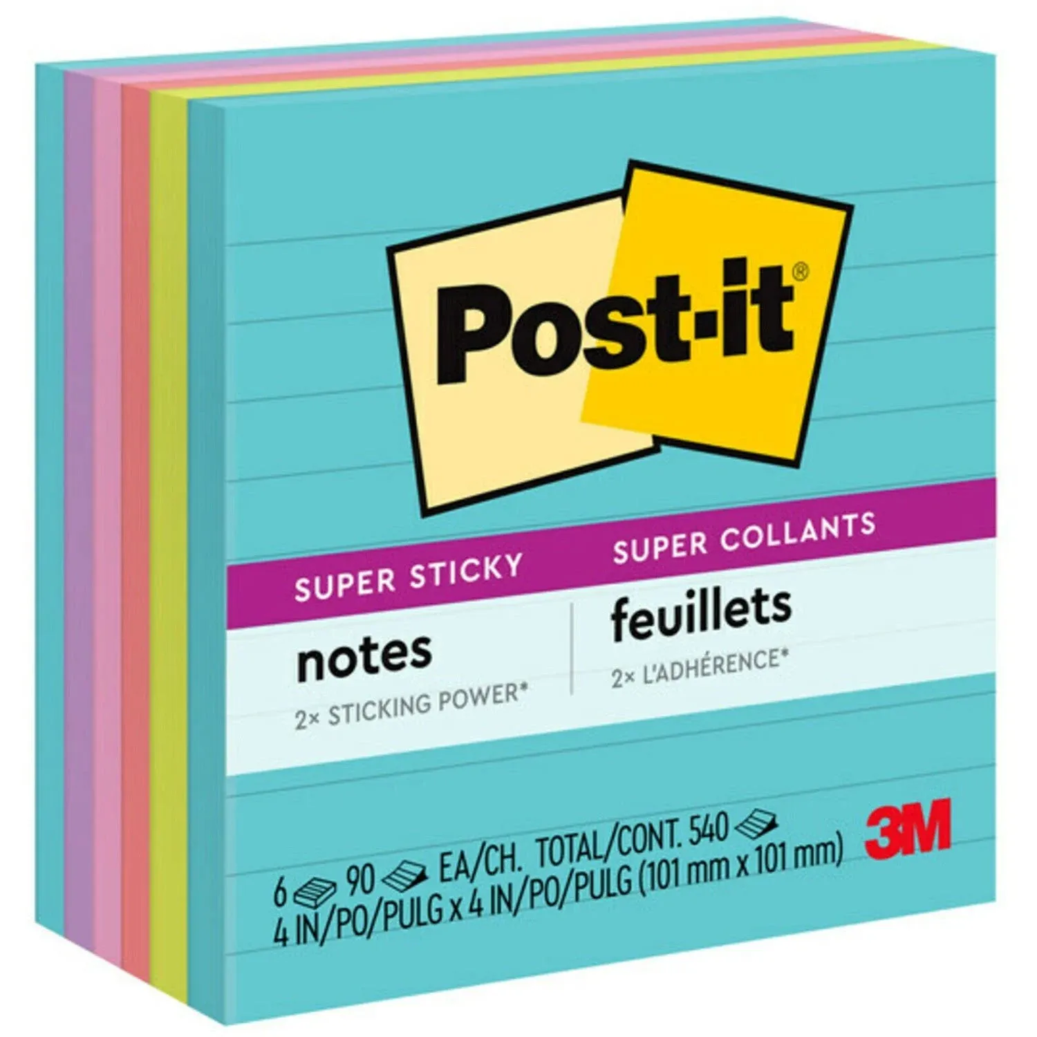 Post-it Super Sticky Notes, 4x4 in, 6 Pads, 2x the Sticking Power, Supernova Neons, Bright Colors, Recyclable (675-6SSMIA)