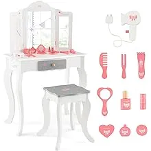 Costzon Kids Vanity Set, 2 in 1 Princess Makeup Dressing Table & Chair Set w/Detachable Tri-fold Mirror, Toddler Vanity with Drawer & Accessories, Pretend Play Vanity Set for Little Girls (White)