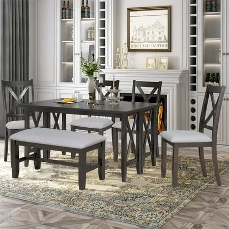 BTMWAY 6 Piece Dining Table Set with Bench New Upgraded Solid Wood Family Dining Room Set with Foldable Table 4 Upholstered Chairs and Bench Modern Furniture Kitchen Table and Chairs Espresso