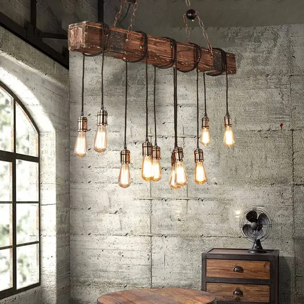 Imeshbean Rustic Chandelier Farmhouse Wood Beam Hanging Industrial Pendant ...