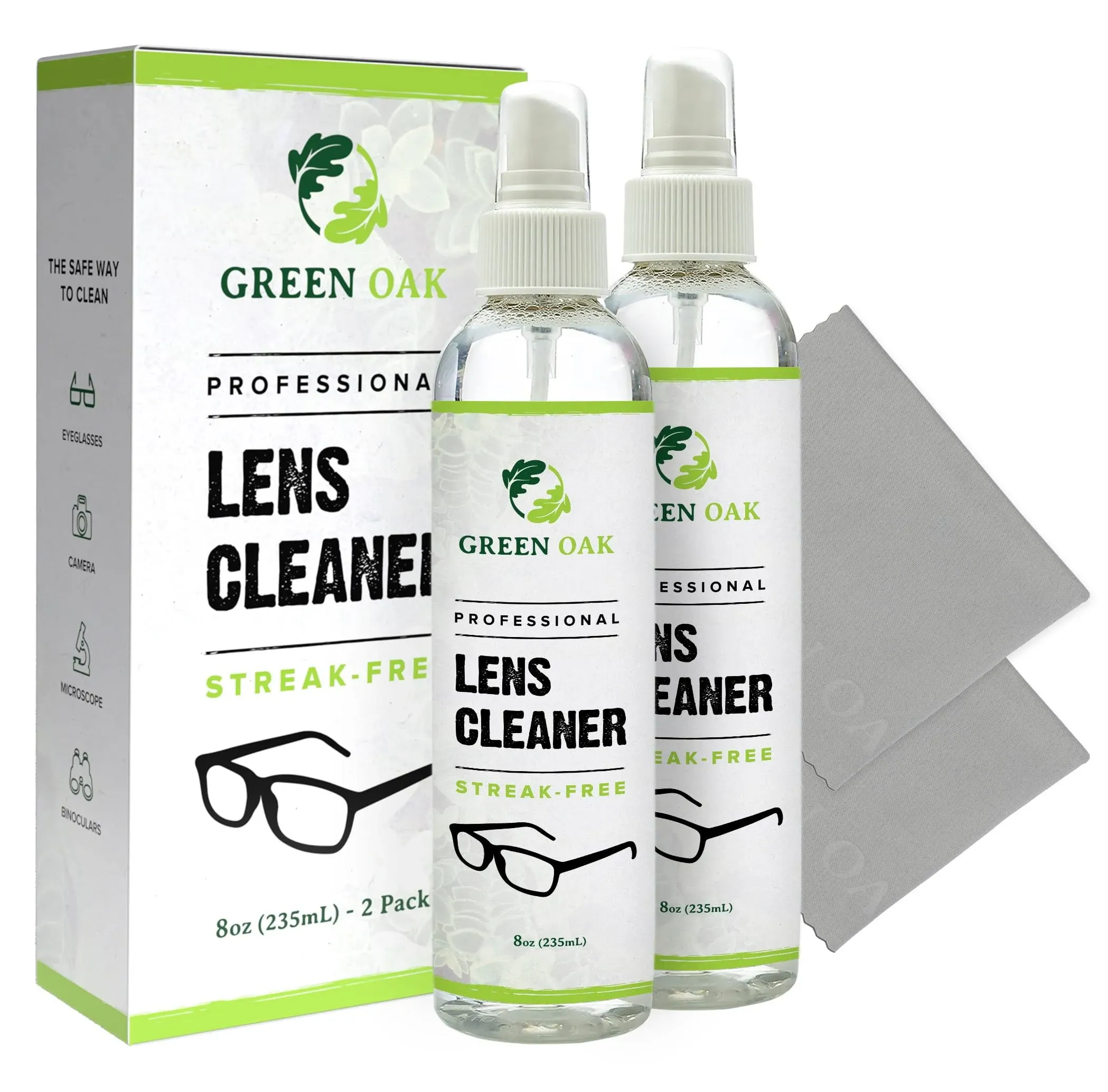 Lens Cleaner Spray Kit – Green Oak Professional Lens Cleaner Spray with Microfiber Cloths – Best for Eyeglasses, Cameras, and Lenses - Safely Cleans