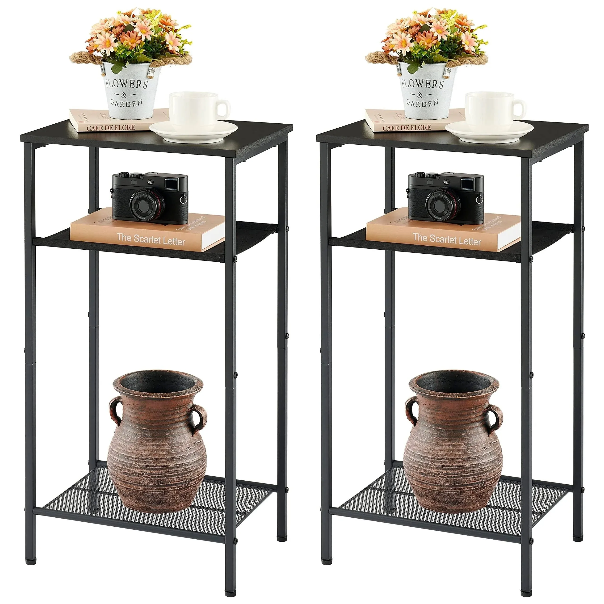 2-Set 3 Tier End Table, Telephone Table Set of 2, Tall Side Table with Storage Set of 2, Small Nightstand for Small Spaces, - As Picture