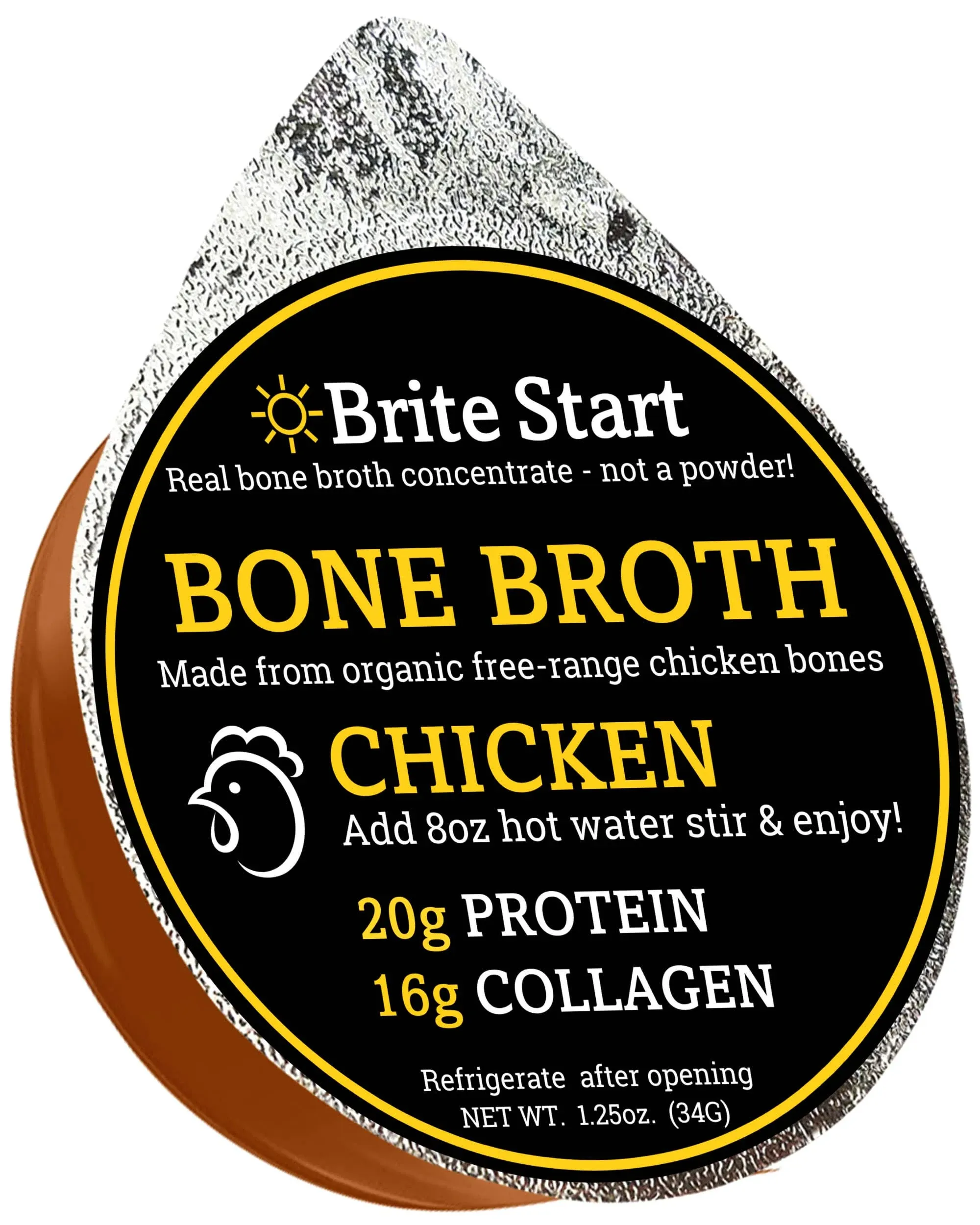 Brite Start Bone Broth - Chicken Bone Broth - 30 Count - Keto Friendly Concentrate with 16g Collagen, 20g Paleo Protein - Made F, Bone