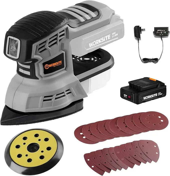 WORKSITE 20V MAX Cordless Random Orbital Sander & Detail Sander, Multi-Purpose Hand Sander w/2.0A Battery & Charger, 20pcs Sanding Discs, Dust Collector and Mouse Pad