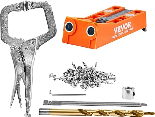 VEVOR Pocket Hole Jig, 56 Pcs Mini Jig Pocket Hole System with 9" C-clamp, Step Drill, Wrench, Drill Stop Ring, Square Drive Bit, and Screws, for DIY Carpentry Projects