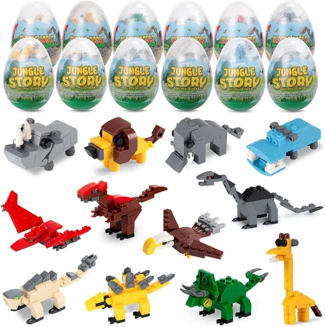 ThinkMax 12pcs Easter Eggs Prefilled with Jungle Animals and Dinosaurs Building ...