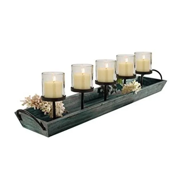 Pier Surplus 27.5 in. Rustic Wood Candle Centerpiece Tray with Five Metal Candle Holders