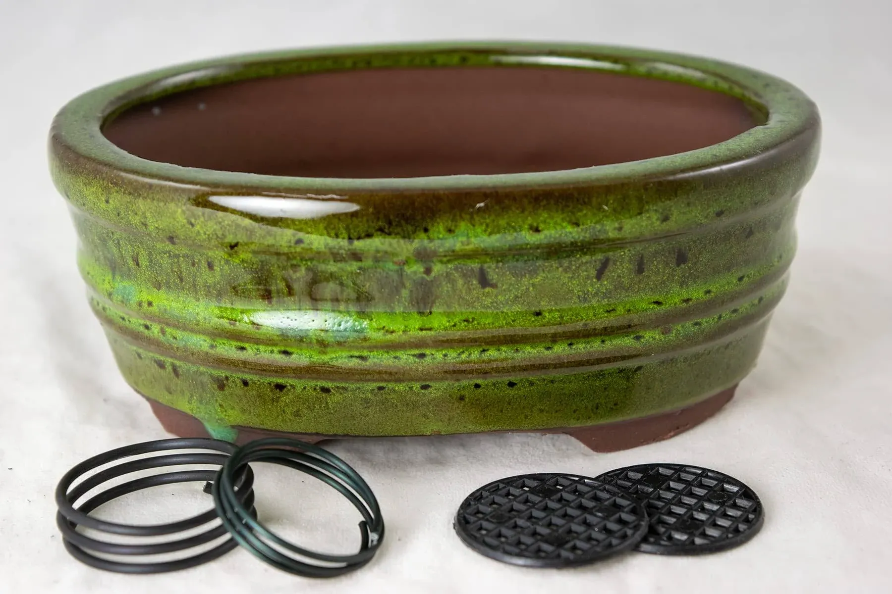 Free Shipping Oval Glazed Cactus & Succulent Planter, Shohin Bonsai Pot + Mesh + Wires 6"x 4.5"x 2.5" - Blue / Moss Green