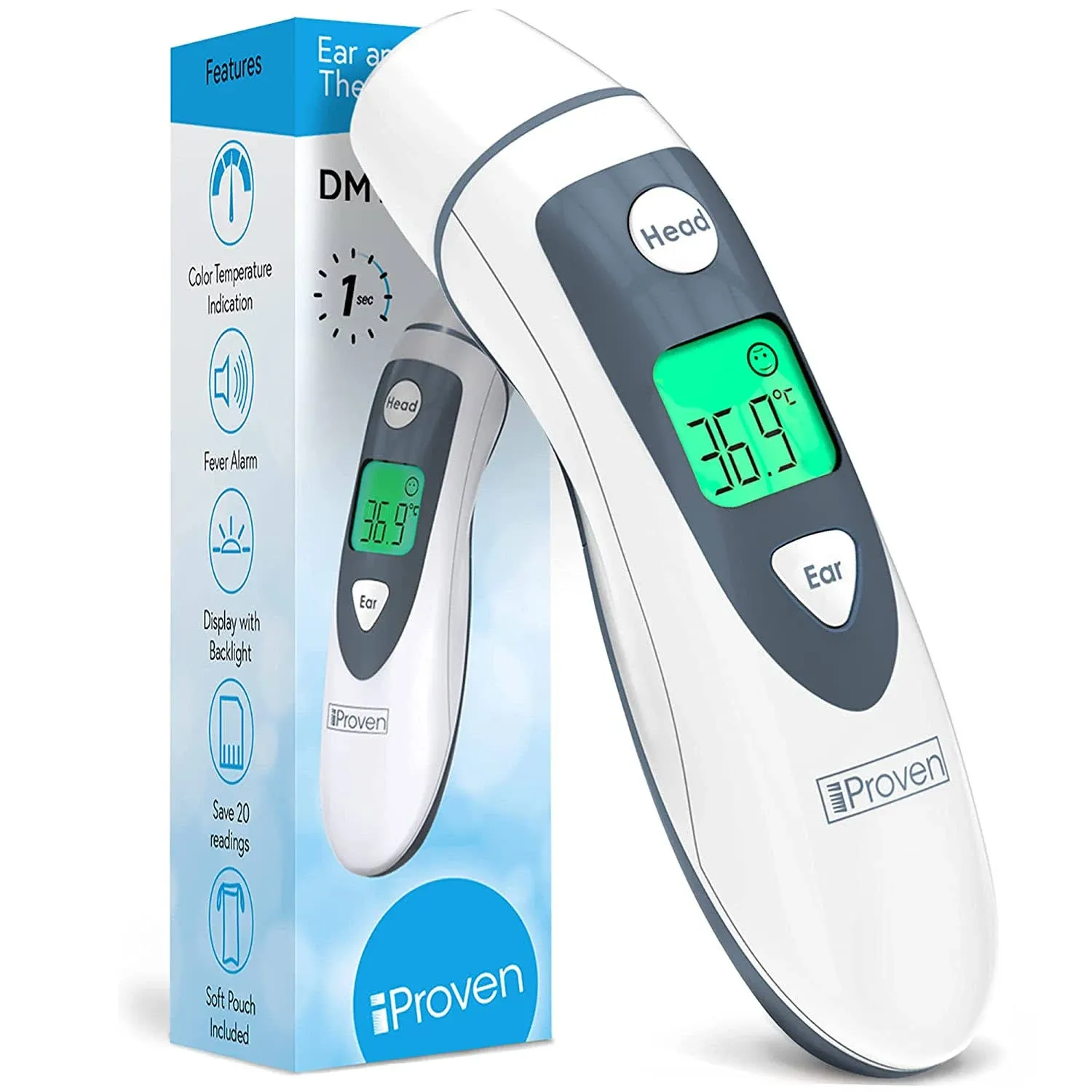 iProven Medical Digital Ear Thermometer with Temporal Forehead Function - Clinically Approved Upgraded Infrared Lens Technology DMT-489 for Better Accuracy - New Medical Algorithm (White Grey)