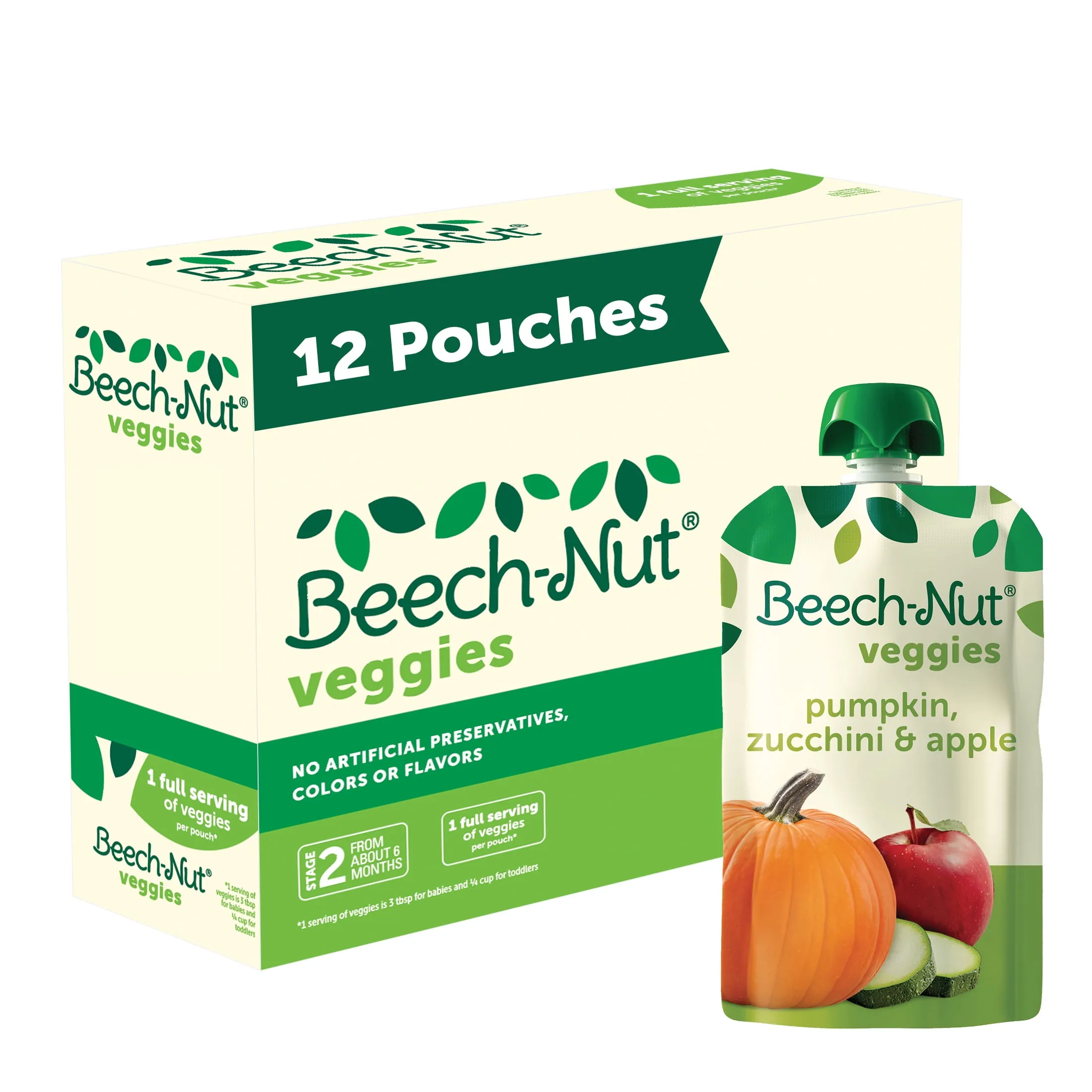 Beech-Nut Veggies Stage 2 Baby Food, Pumpkin Zucchini & Apple, 3.5 oz Pouch (12 Pack)