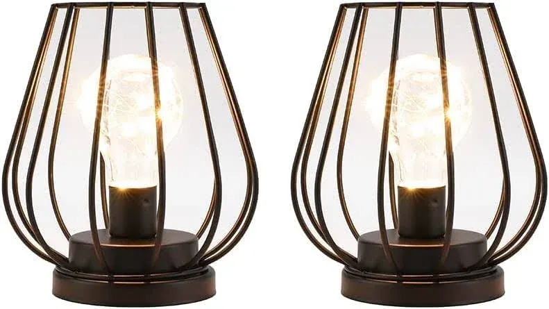 TRIROCKS 2 Set of Metal Battery Operated Lamp 17cm Tall Mini Cage Shape Cordless Table Lamp Battery Lanterns with Warm Fairy Lights Bulb for Patio on OnBuy