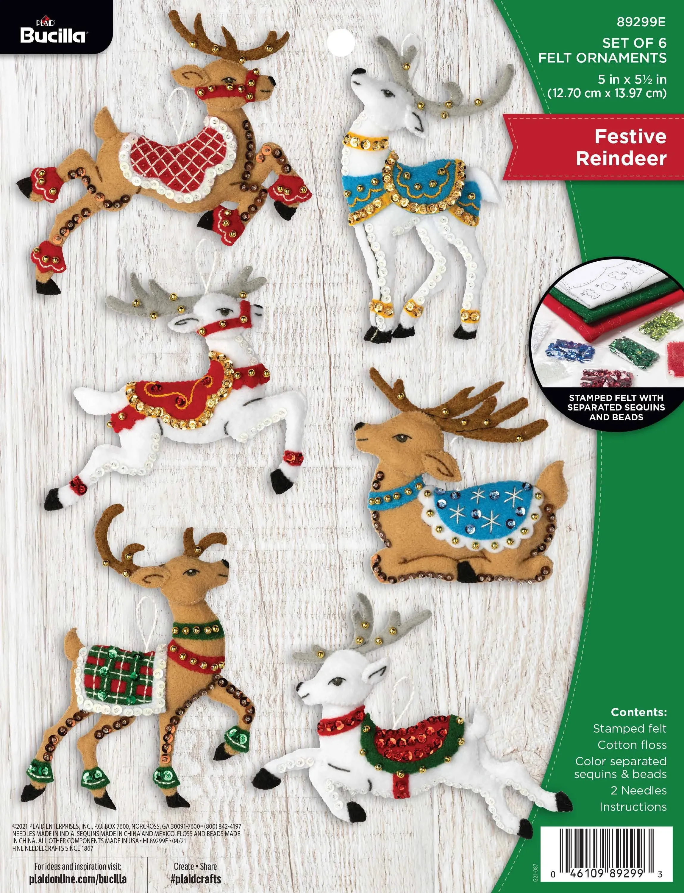 Bucilla Felt Ornaments Applique Kit Set of 6 - Festive Reindeer