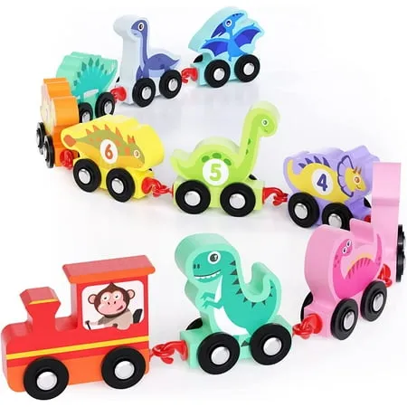 HELLOWOOD Dinosaur Toys for Toddlers Age 2-4, Wooden Dinosaur Train Set with Playmat/Storage Bag, Montessori Educational Toys for 2+ Years Old Boys & Girls