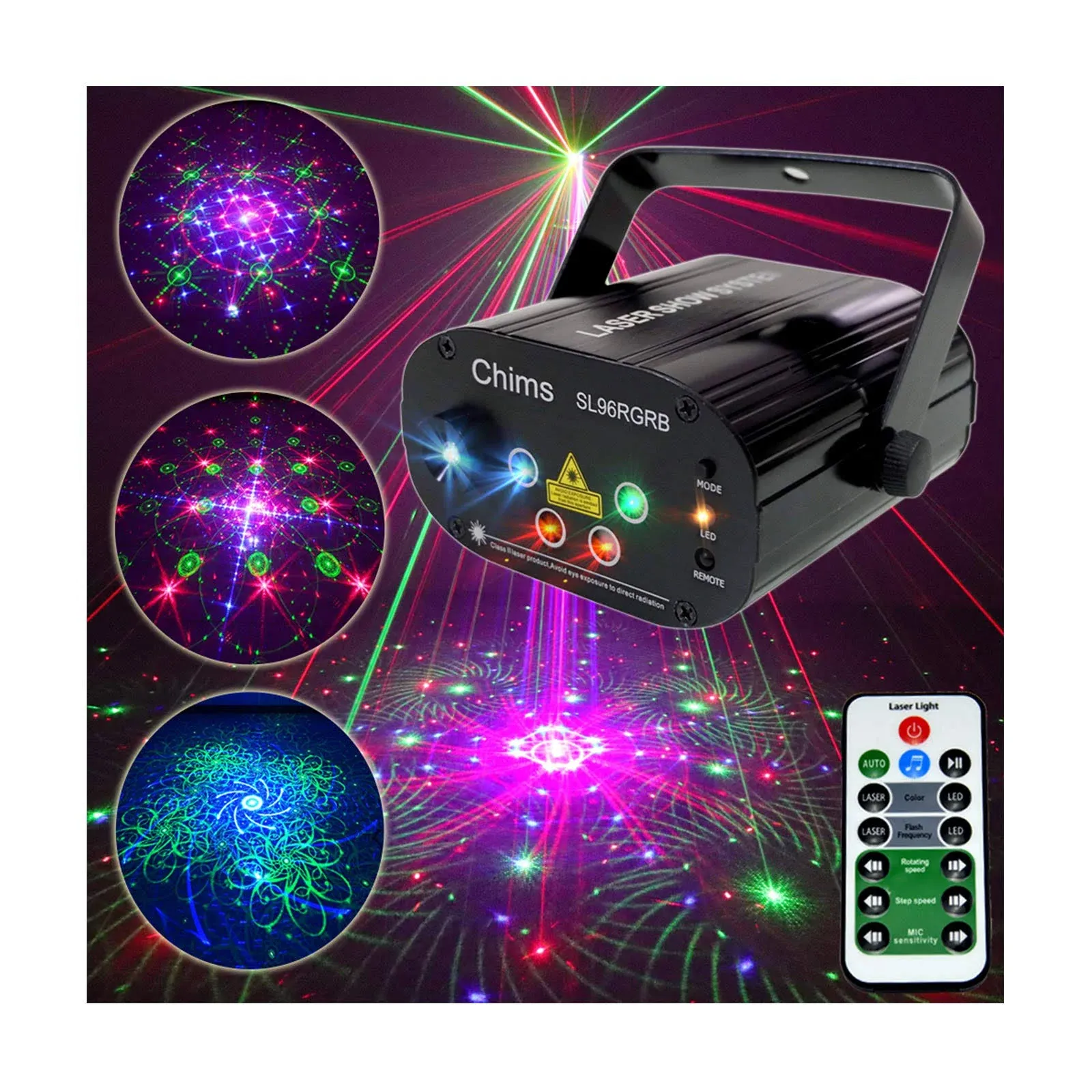 Chims DJ Light Show Projector Red Green Blue LED 96 Patterns RGRB Music Sound Activated Lighting Projector for Christmas Thanksgiving Party Holiday Festival Gift Family Party Disco Xmas