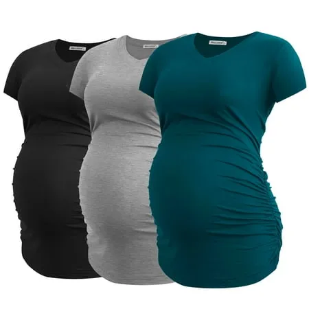 Smallshow Women's V-Neck Maternity Shirt Clothes Long Sleeve Ruched Pregnancy Top