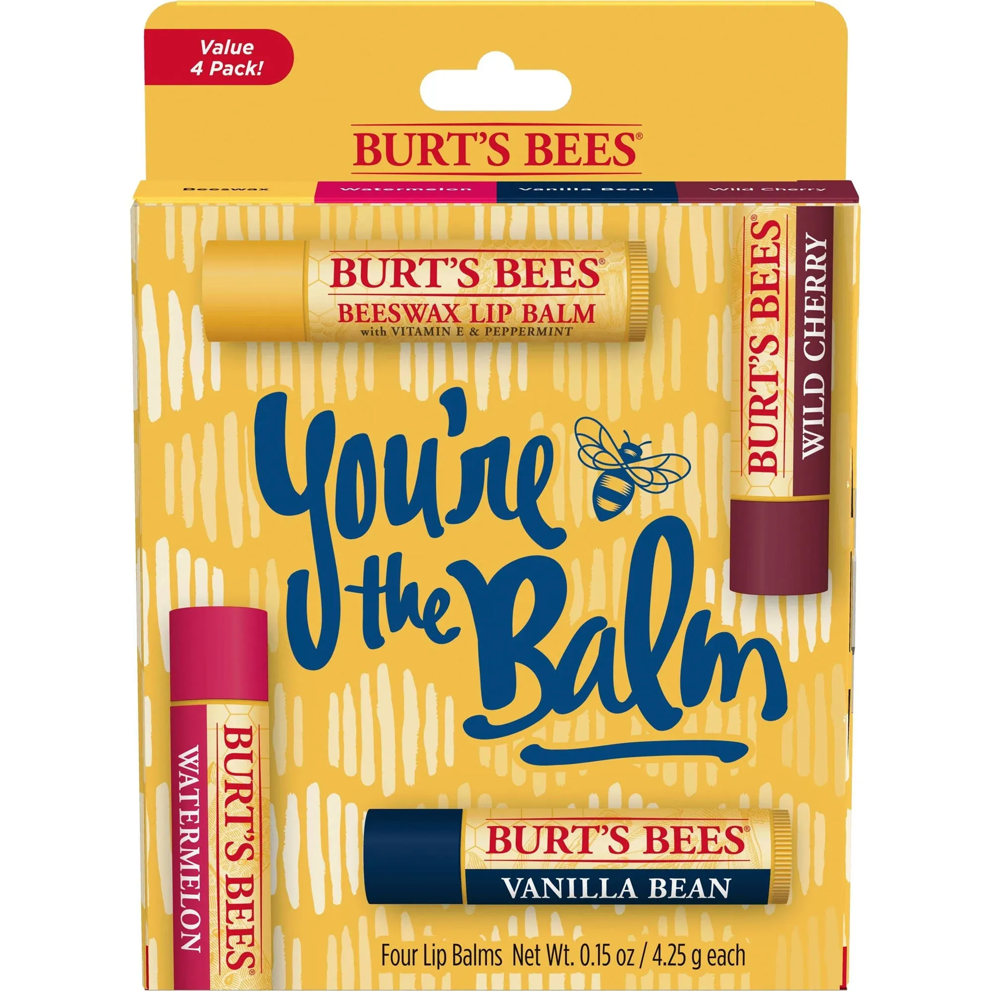 Burt's Bees Lip Balm, Moisturizing Lip Care, 100% Natural, You're the Balm - Original Beeswax, Wild Cherry, Vanilla & Watermelon (4 Pack)