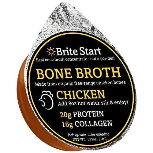 Brite Start Bone Broth - Chicken Bone Broth - 4 Count - Keto Friendly Concentrate Packed with 16g Collagen, 20g Paleo Protein - Made from Free Range Chicken Bones - Single Serve Packets