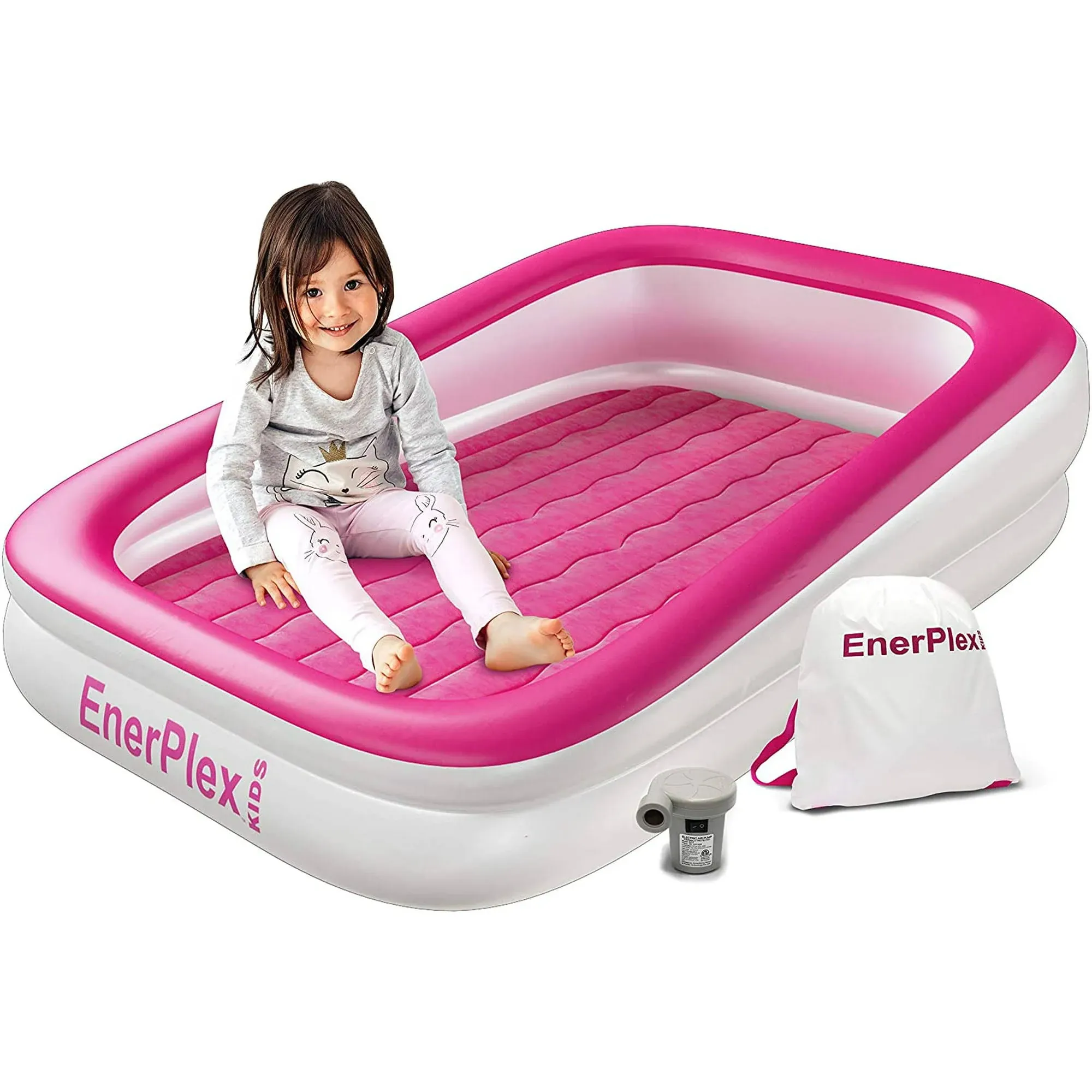 EnerPlex Inflatable Travel Bed with High Speed Pump, Portable Air Mattress for Kids on The Go, Blow up Toddler with Sides – Built-in Safety Bumper - Pink